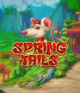 A charming illustration of a white rat wearing a red traditional Chinese outfit standing in a picturesque landscape with mountains. The image is for the Spring Tails game by Betsoft, showcased with prominent gold and red logo text.